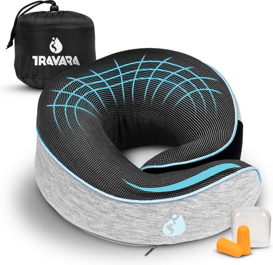 TRAVARA Oreiller de cou - Oreiller de voyage - Pour l'avion - La voiture - Mousse à mémoire de forme - Avec bouchons d'oreille - Gris
