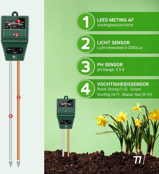 TIKKENS® Humidimètre de sol Plantes - Humidimètre pour plantes - pH et photomètre - 3 en 1 - Fleurs/Plantes - Analyses de sol de jardin - Humidimètres