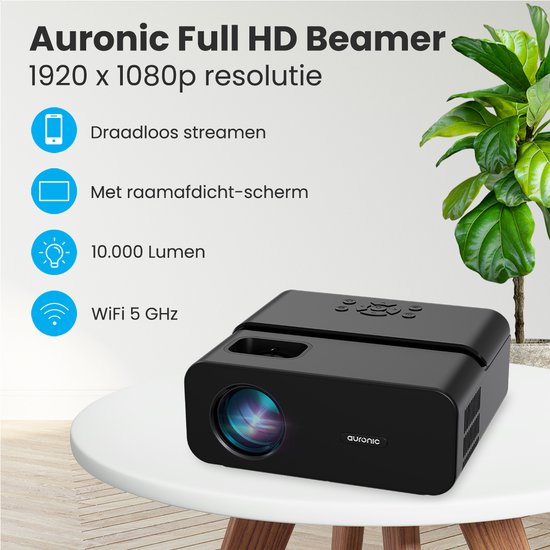 Auronic Beamer 10 000 Lumens - WiFi - 1080P Full HD - Streaming depuis votre téléphone - Smart Mini Beamer - IOS & Android - Câble HDMI - Télécommande et écran de projection - Noir