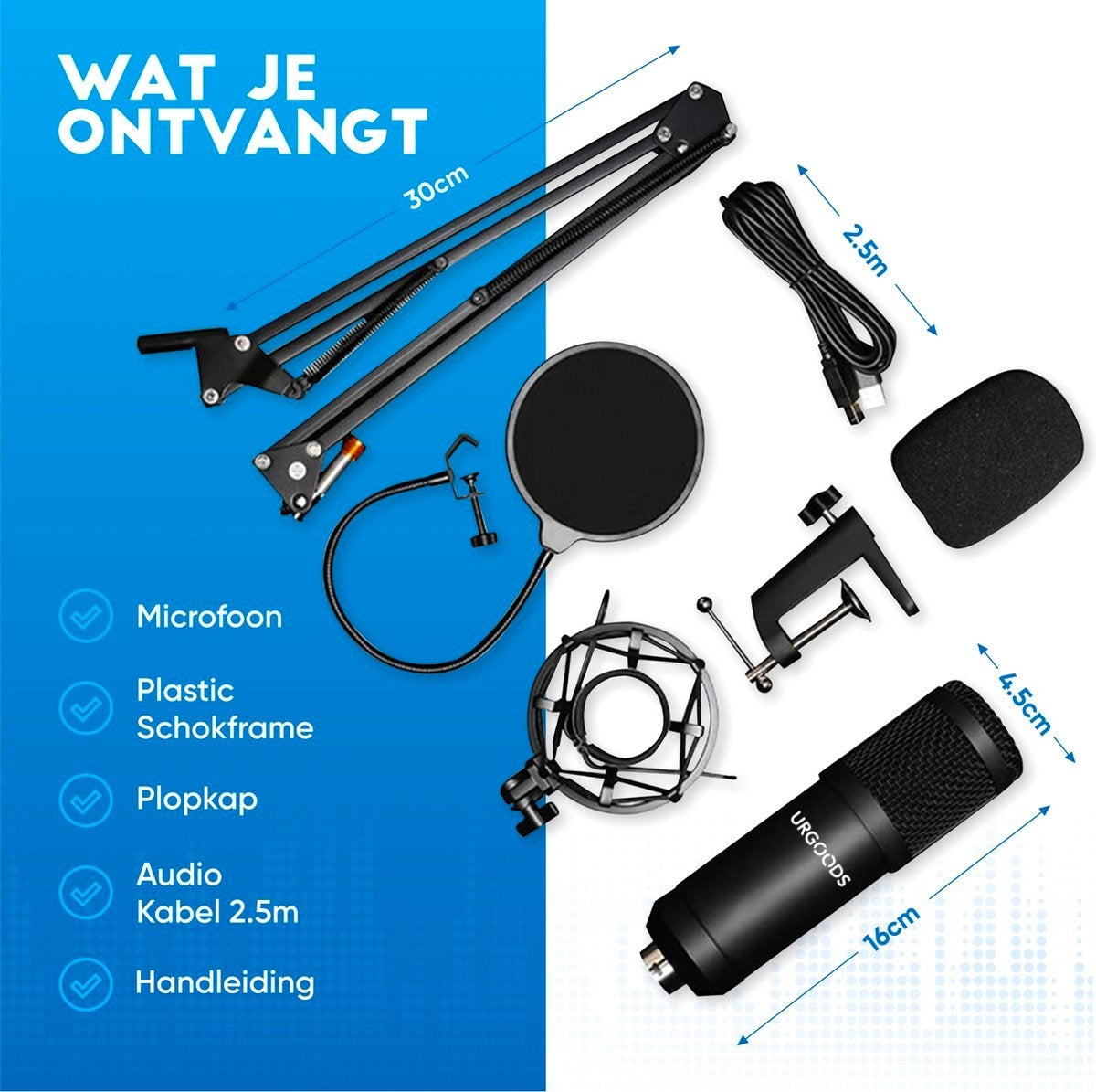 Microphone à condensateur avec bras - Gaming - Cardioïde - Microphone pour PC - USB - Avec support - Plop Cap - Filtre de bruit - Laptop - Streaming