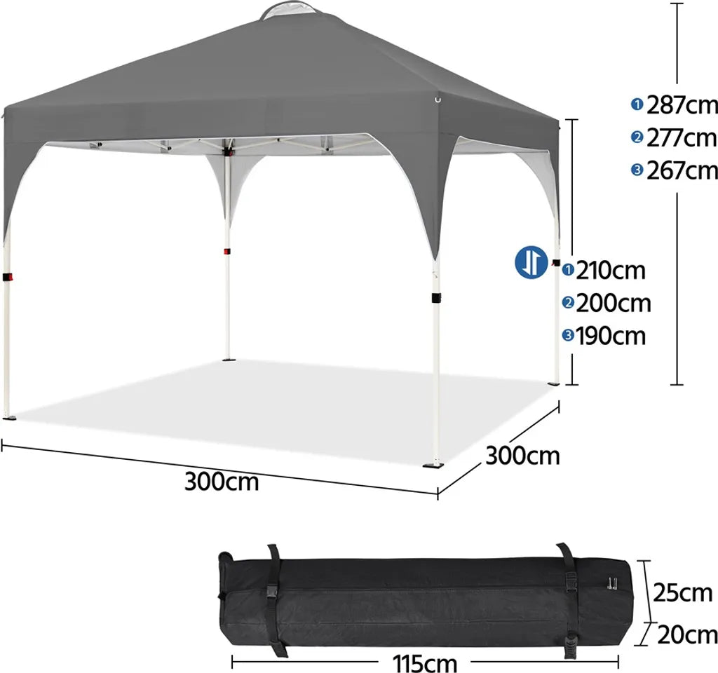 Tente de fête pliable Yaheetech - 3 x 3 m - Hauteur réglable - Sac de transport à roulettes - Gris foncé
