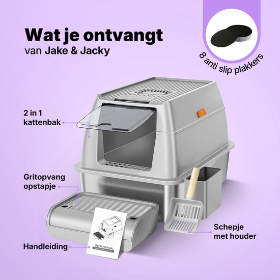 Bac à litière en acier inoxydable Jake and Jacky - Toilette pour chat en acier inoxydable - avec pelle à litière et support et marche de ramassage des gravillons - bac à litière ouvert 2 en 1 avec couvercle amovible - 60x40x38cm