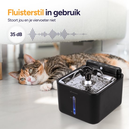Viervoeter® Fontaine à eau sans fil en acier inoxydable - Fontaine à eau à capteur pour chats et chiens - 3 filtres inclus - 3,2 L - Autonomie de la batterie : 30 jours - Silencieuse