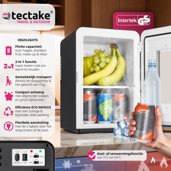 tectake® Mini Car Cooler - Mini bar portable 14L - Fonction 2 en 1 : refroidir et chauffer - Glacière électrique idéale pour les boissons, les médicaments ou le maquillage - Pour la maison ou en déplacement - Mode ECO