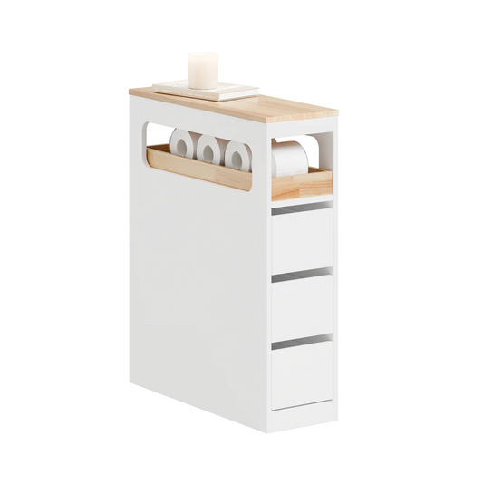 SoBuy Meuble de salle de bain étroit sur roulettes - 65x23x82 cm - 3 tiroirs - Compartiment ouvert - MDF & bois - Blanc/Naturel