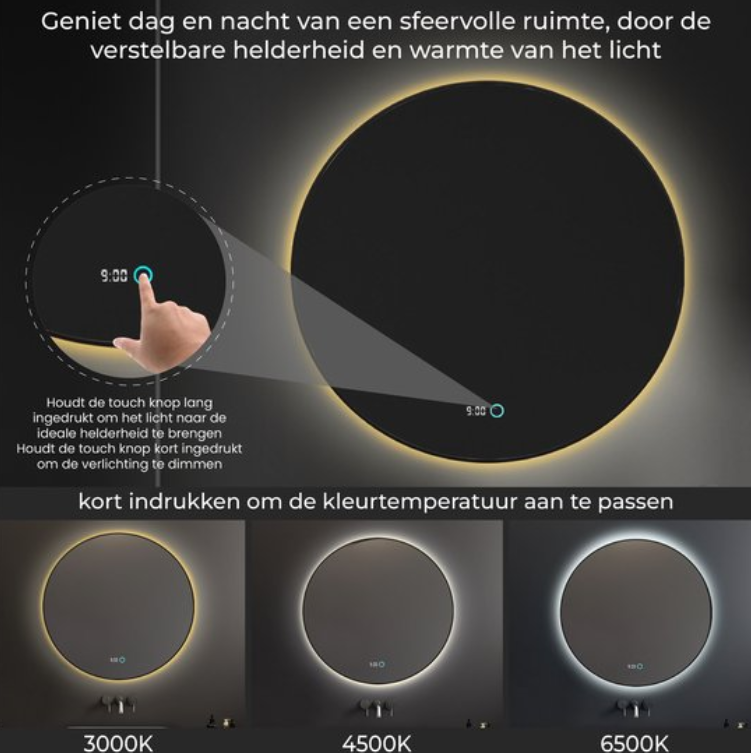 Miroir Lumoire Neon 8000 avec éclairage - Bord noir - Ø 80 cm - Rond, anti-buée, en forme d'horloge
