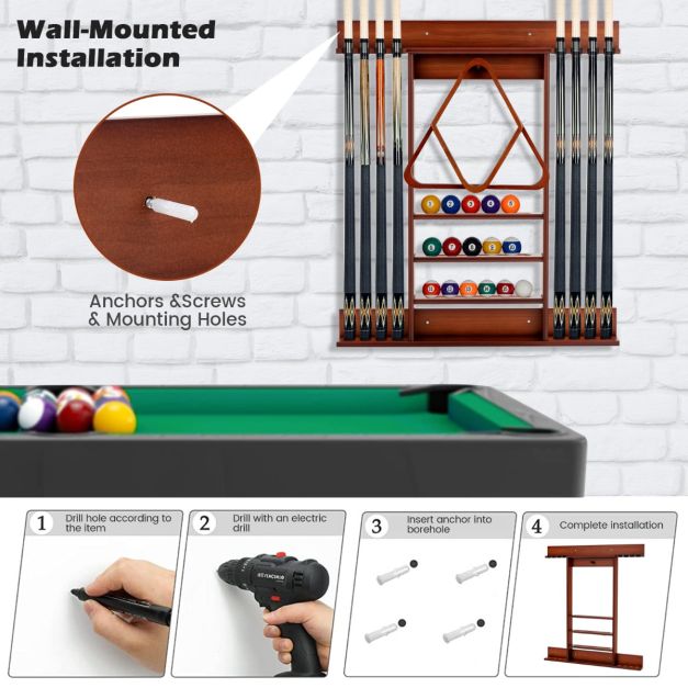 Costway Support pour queues de billard - Support mural & 8 Keuclips - 79 x 8 x 91 cm - Marron