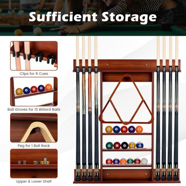 Costway Support pour queues de billard - Support mural & 8 Keuclips - 79 x 8 x 91 cm - Marron