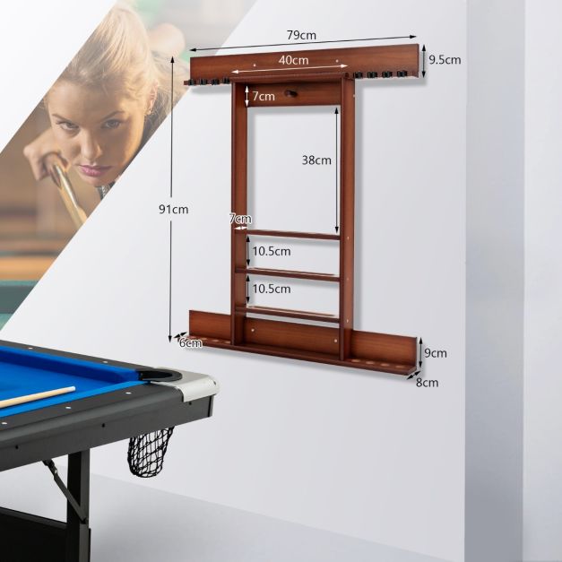 Costway Support pour queues de billard - Support mural & 8 Keuclips - 79 x 8 x 91 cm - Marron