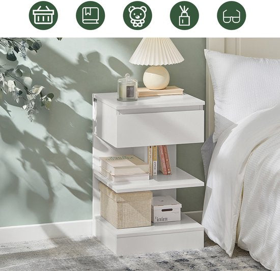 SoBuy Lot de 2 tables d'appoint, table de nuit avec 1 tiroir et 3 étagères, table basse au design scandinave pour le salon ou la chambre, blanc, 39x65x39cm, FBT49-Wx2