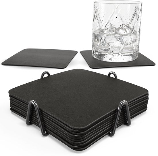Sous-verres en simili cuir Castagnola – Sous-verres pour verres – Sous-verres design avec support – Lot de sous-verres en cuir avec support métallique – Cuir – Lot de 10 – Noir – 10 x 10 cm