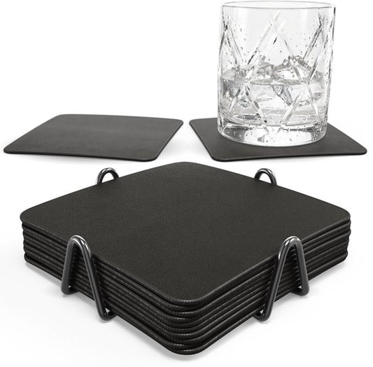 Sous-verres en simili cuir Castagnola – Sous-verres pour verres – Sous-verres design avec support – Lot de sous-verres en cuir avec support métallique – Cuir – Lot de 10 – Noir – 10 x 10 cm