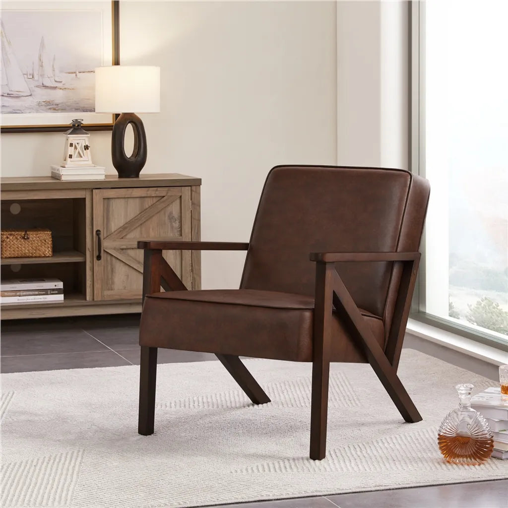 Fauteuil Yaheetech Vintage en simili cuir avec pieds en bois massif - Marron foncé - 78 x 67 x 79,5 cm