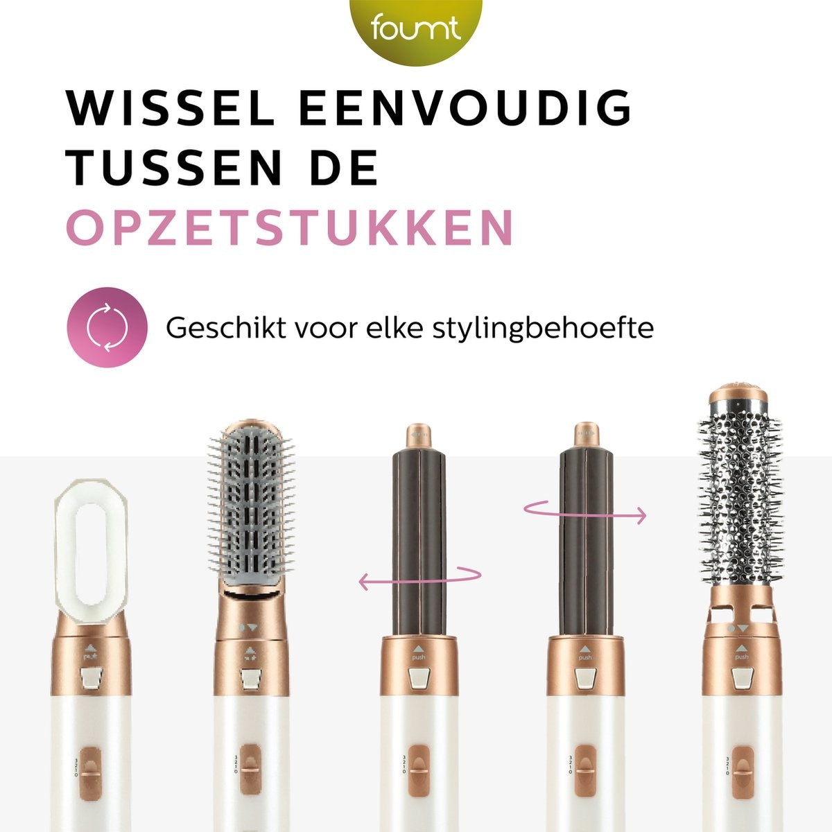 Brosse coiffante 5 en 1, Fineza, 4 Embouts, Blanc/Or Rose