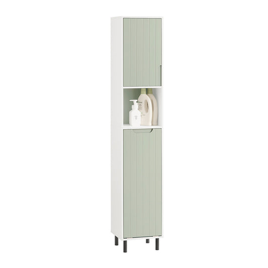 SoBuy Meuble de salle de bain haut multicouche BZR137-GR - Panier à linge rabattable - 31 x 30 x 167 cm - Vert et blanc