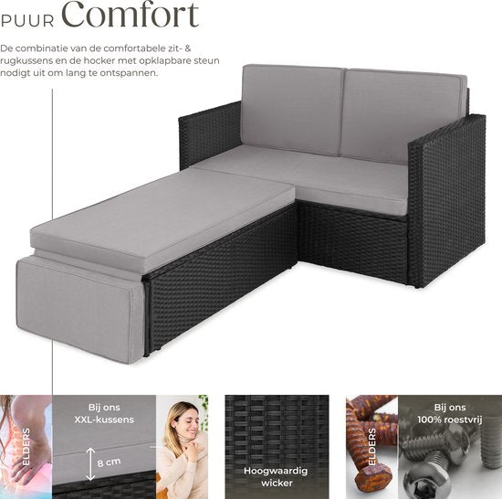 tectake® - Canapé en osier, fauteuil de jardin, chaise longue - ensemble canapé - fauteuil 2 places avec tabouret et fonction de couchage, petit canapé en osier comme meuble de jardin extérieur, pour salon, balcon et jardin, pliable avec coussins - noir