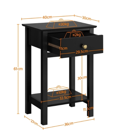 Table de chevet Yaheetech - Noire - 40 x 30 x 61 cm - Avec tiroir et étagère - Design scandinave