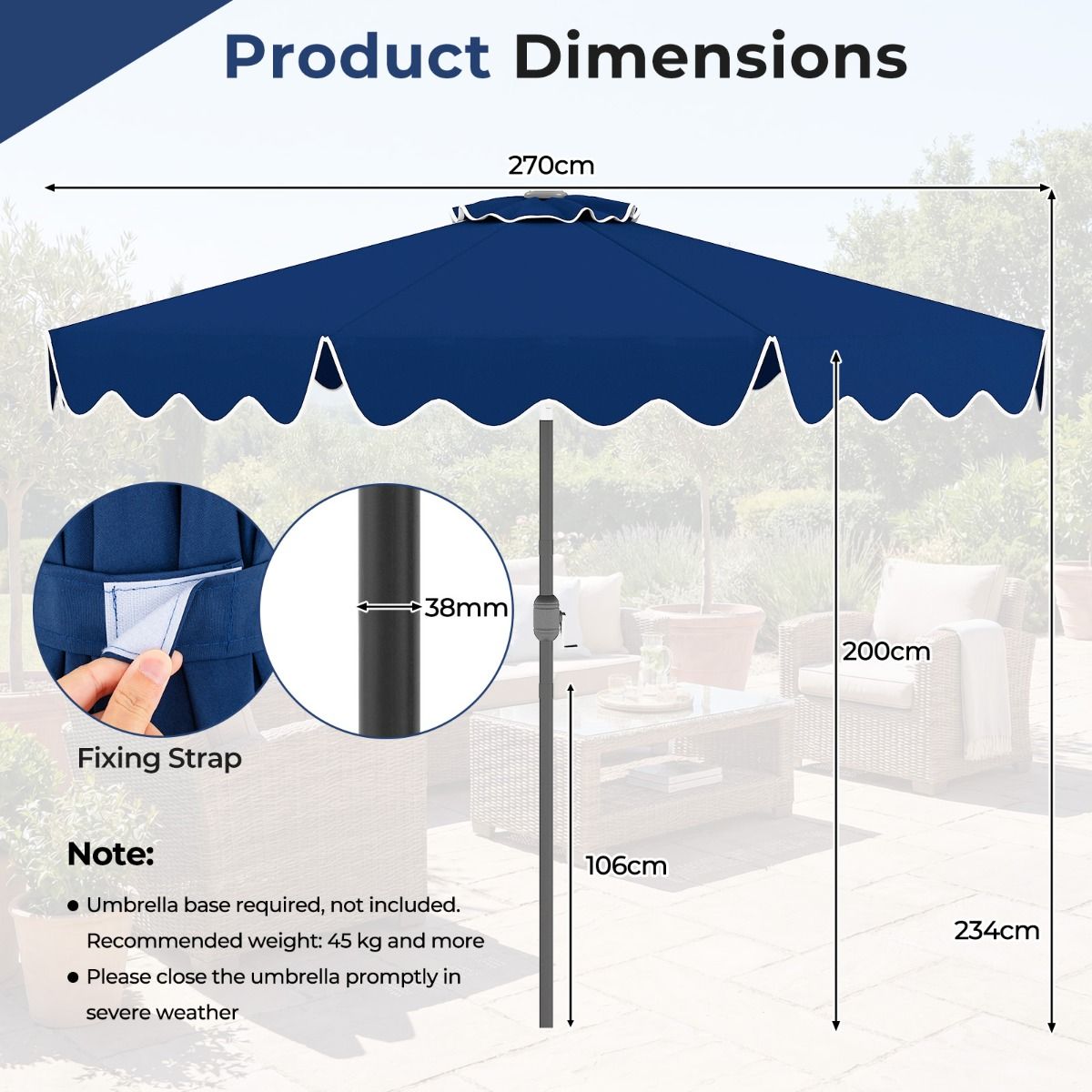 Parasol de jardin Coast - avec manivelle - inclinable à 30° - bleu 270 cm