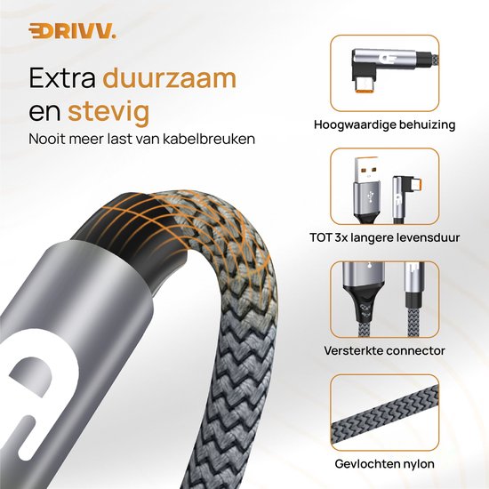 Câble Drivv. USB vers USB-C - À angle droit - Câble de données et de recharge USB-C - Recharge rapide - 3 mètres - Gris