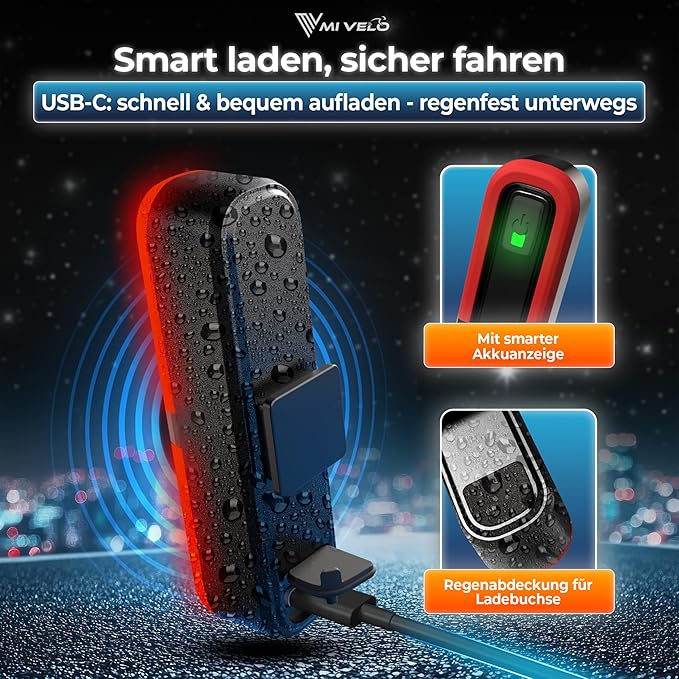 Feu arrière vélo avec indicateur de freinage - feu arrière homologué StVZO avec batterie d'alimentation - feu arrière vélo rechargeable USB-C étanche IPX5 - feu arrière LED pour vélo de route, VTT & gravel bike