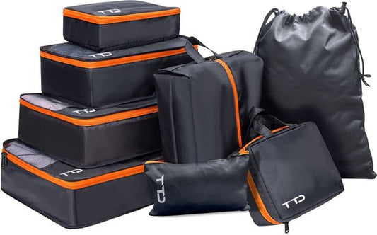 TTD® Premium Packing Blocks Compression Set of 8 Pieces - Packing Blocks Backpack - Up to 105L Capacity - Strong Nylon - Suitcase Organiser Set - Luggage Organiser - Backpack Organiser - Compression Block - Toiletry Bag - Black & Orange