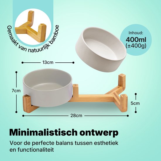 Jake and Jacky Feeding Bowl Cat and Dog Ceramic - Bols d'alimentation doubles avec support - Abreuvoir - 2x 400 mL - Gris