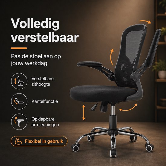 Chaise de bureau ergonomique Infinity Goods - Chaise de bureau - Soutien lombaire 4D et revêtement en maille - Accoudoirs rabattables - Jusqu'à 150 kg - NEN-EN1335 - Noir