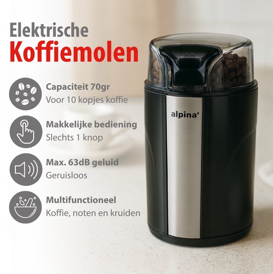 Moulin à café électrique Alpina 200 W - Moulin à café pour 70 g de grains de café - Moulin à grains avec lames en acier inoxydable - Moulin avec verrou de sécurité - Noir