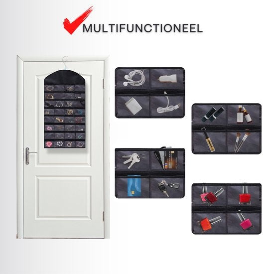 Aerend - Organiseur de bijoux - Porte-bijoux double face suspendu et transparent - Accessoires de rangement - Sac de rangement au-dessus de la porte en noir - Pour colliers, boucles d'oreilles, lunettes de soleil, bagues, Maquillage