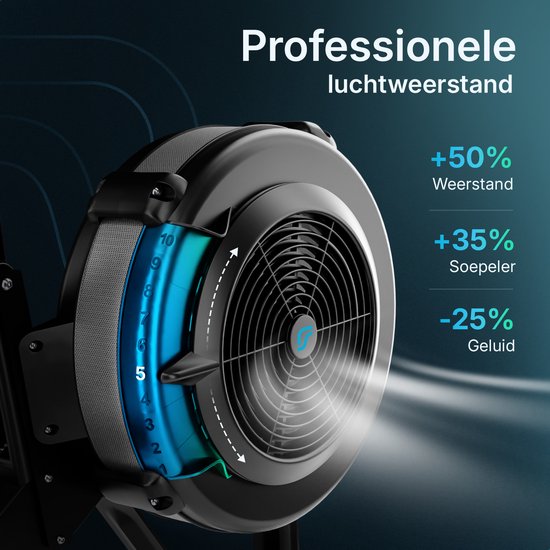 Rameur Flowsense à résistance pneumatique – Rameur professionnel – 10 niveaux de résistance – Pliable – Entraînement complet du corps – Application Bluetooth et écran LCD – Poids max. 200 kg – Rameurs – Pour la maison et la salle de sport