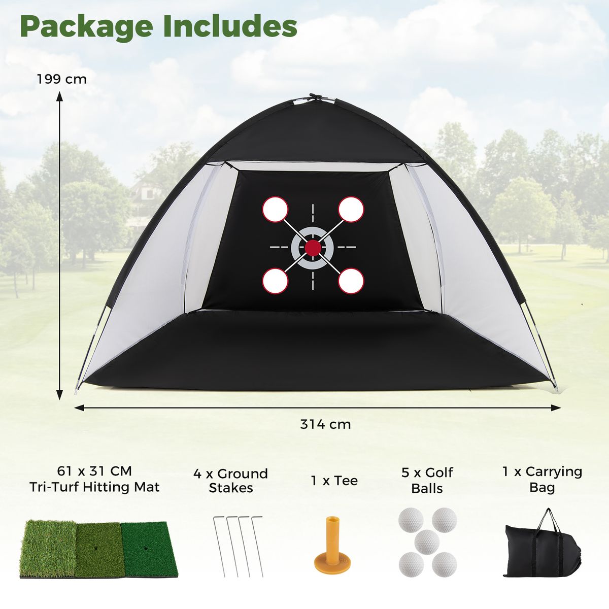 Filet d'entraînement de golf Coast avec tapis de départ - sac de transport et support de frappe inclus - utilisable à l'intérieur comme à l'extérieur - noir
