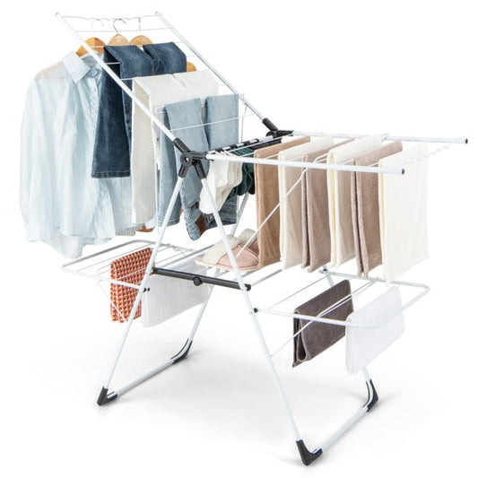 Porte-vêtements pliable avec 2 niveaux Ailes réglables en hauteur 33 rails de séchage et pinces à chaussettes Porte-vêtements autoportant pour l'intérieur et l'extérieur
