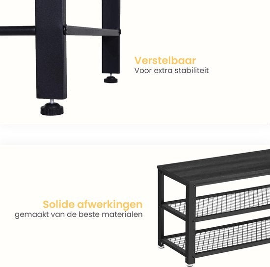 Goliving Rangement de chaussures - Banc de chaussures - Banc d'entrée - Industriel - 30 x 80 x 45 cm - Métal - Bois noir