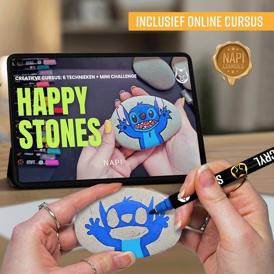NAPI 24 marqueurs acryliques Dual Tip - Twinmarkers - Marqueurs peinture Happy Stones - Peinture sur pierre avec marqueurs peinture acrylique - Adultes et enfants - 2 modèles de mandala inclus