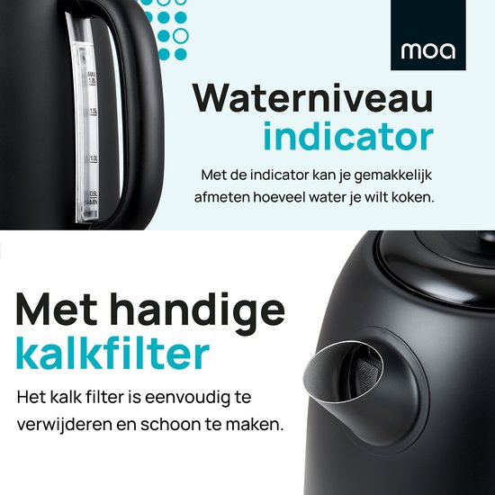 MOA Kettle 1,8 Liter - Bouilloire électrique - Avec filtre anti-calcaire et antidérapant - 2200W - Noir