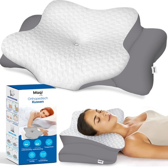 Maqi Living® Oreiller en mousse à mémoire de forme pour les douleurs cervicales – Oreiller orthopédique et ergonomique - Convient aux personnes dormant sur le dos, sur le côté ou sur le ventre - Mousse à mémoire de forme - Gris/blanc