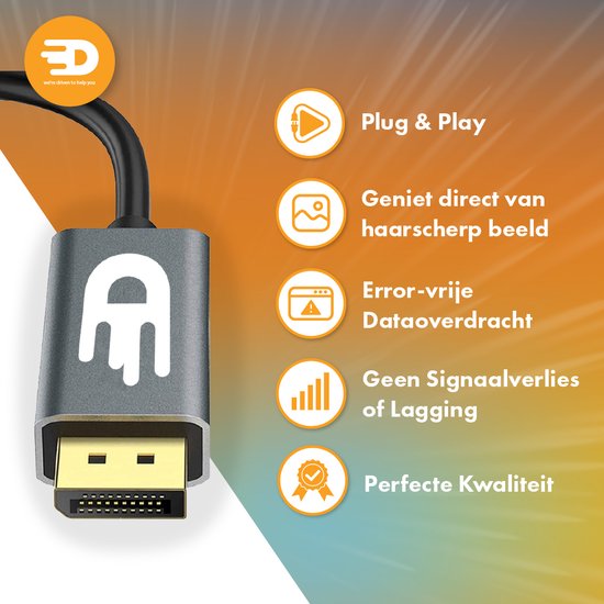 Câble USB C vers Displayport - 8K 60Hz 4K 120Hz - Thunderbolt 3 - Convient à Apple / iMac / Macbook (Pro) - 1,8 mètres