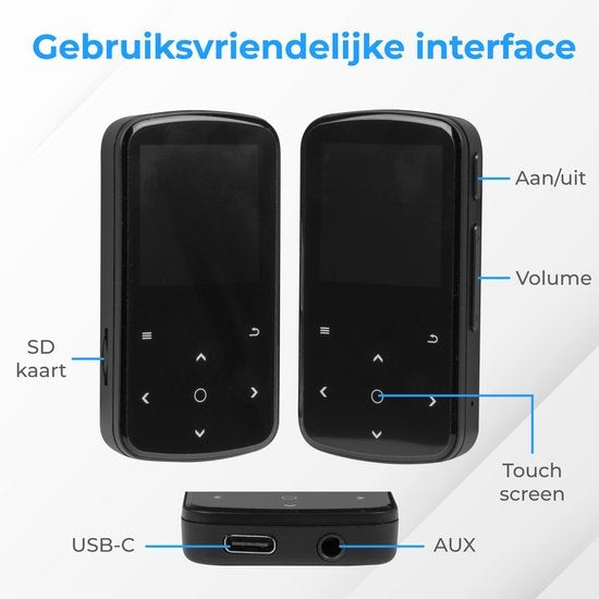 Nuvance - Lecteur MP3 avec écran tactile et Bluetooth - Ecouteurs et carte SD 32GB inclus - avec clip - Enregistreur vocal numérique - avec radio FM - Noir