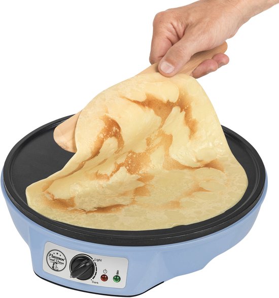 Appareil à crêpes Bestron - ASW602B - 1 000 W - Crêpière - 30 cm - Bleu - Avec pile en bois et spatule - Garantie 5 ans