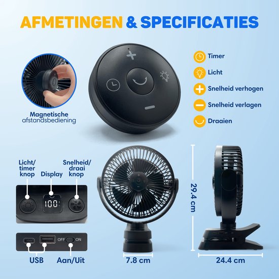 Vulpes Goods® Tech - Ventilateur de table MAX - Ventilateur - Rechargeable et sans fil - Ventilateur USB silencieux avec télécommande - 5 vitesses et éclairage - Ultra silencieux - 12000 mAh et fonction Powerbank - Noir