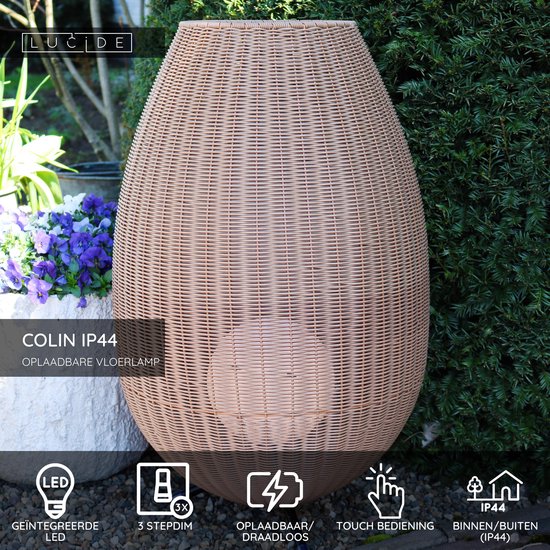 Lucide COLIN IP44 - Lampadaire rechargeable intérieur/extérieur - Batterie/Batterie - LED 3 StepDim - 1x3W 3000K - IP44 - Naturel