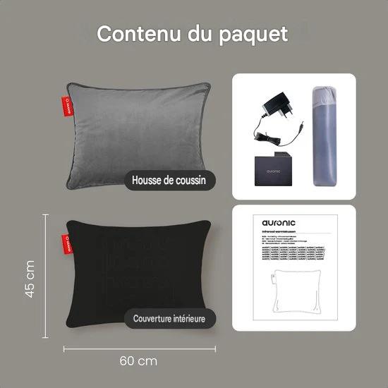 Auronic Oreiller chauffant - Velours - 45x60 - Sans fil - Rechargeable - Oreiller électrique - Infrarouge - Gris