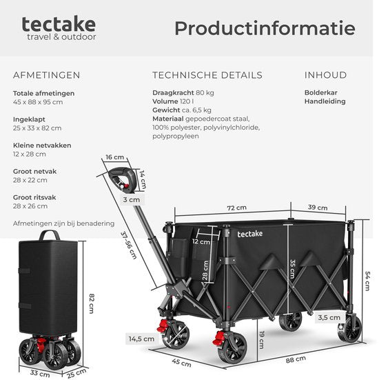 Chariot tectake® - Pliable - Capacité de charge de 80 kg - Roues pivotantes massives avec frein - 45 x 88 x 95 cm - Chariots de transport - Chariot à main - Avec poignée réglable - Chariot à main - Chariot de transport hydrofuge - Avec tablette et compart
