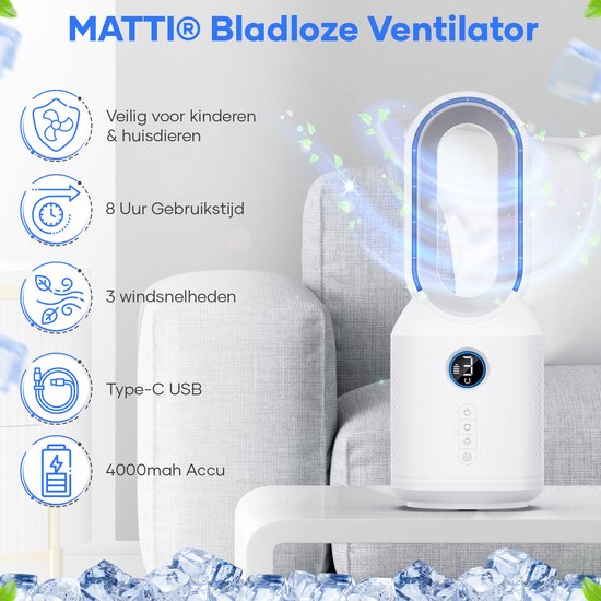 MATTI® - Ventilateur de table - Ventilateur sur pied - Ventilateur sans fil - Sans pales - Veilleuse incluse - Blanc