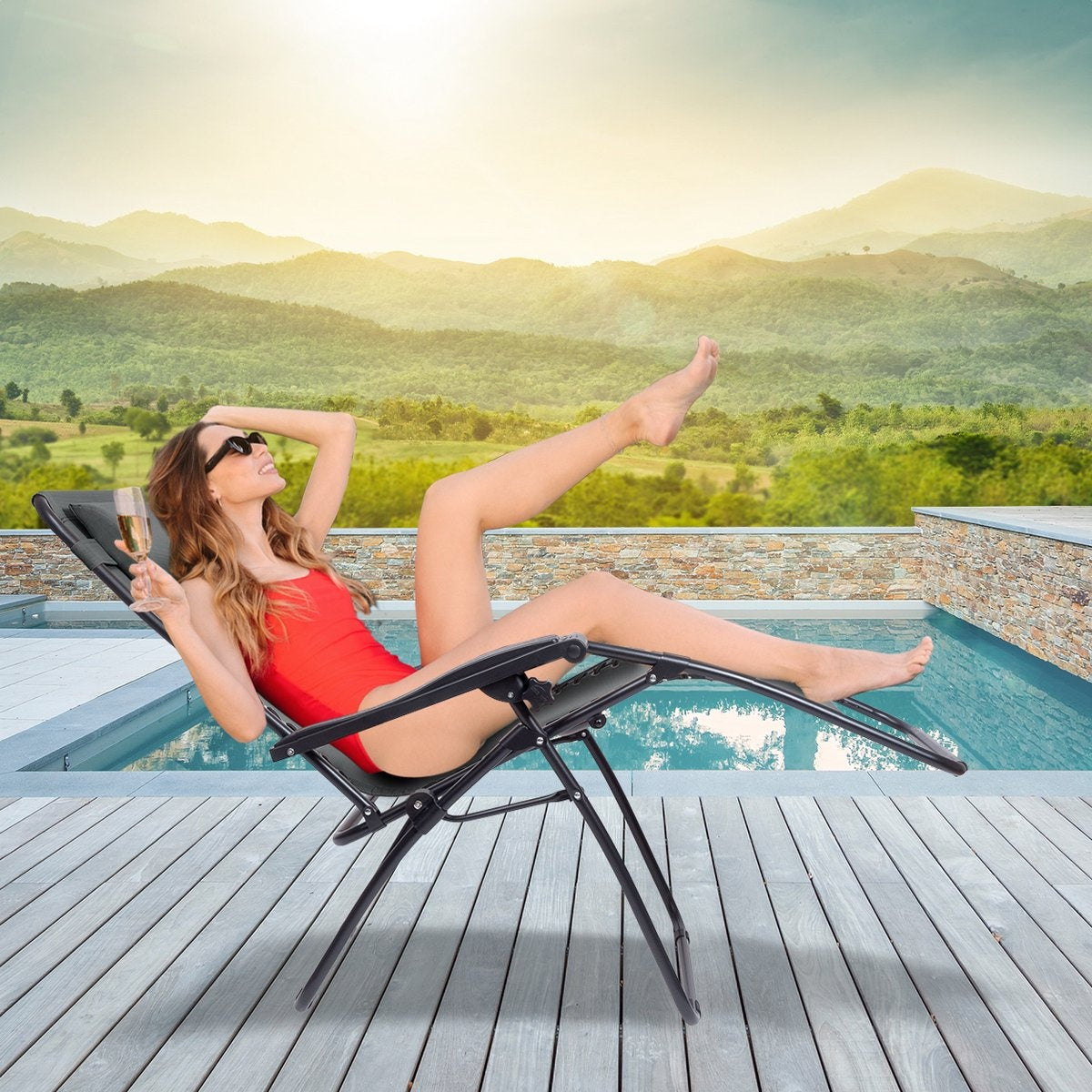 LifeGoods Chaises de jardin pliables - parasol réglable - 2 pièces - 30°-90° réglable - métal - gris foncé