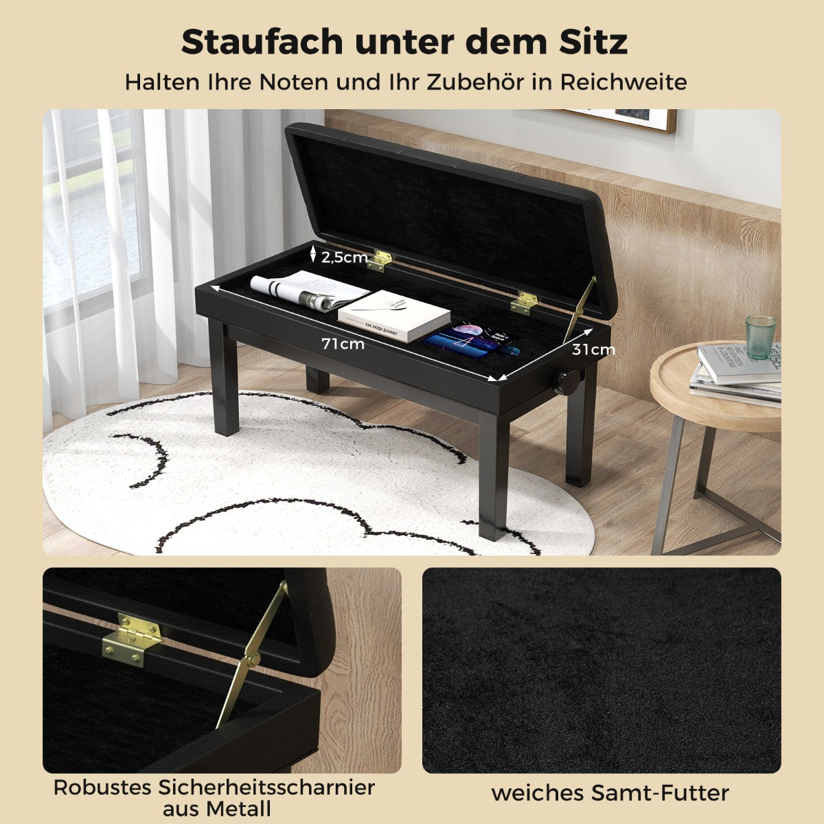 Banc réglable pour piano à queue avec rangement et coussin rembourré imperméable - 6 x 36 x 48-58 cm - Noir