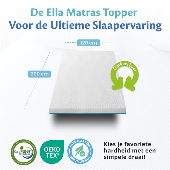 Ella Topper 120x200 cm - Matelas Topdekmatras - Surmatelas en mousse à mémoire de forme infusée de gel et mousse Aircell - fermeté moyenne