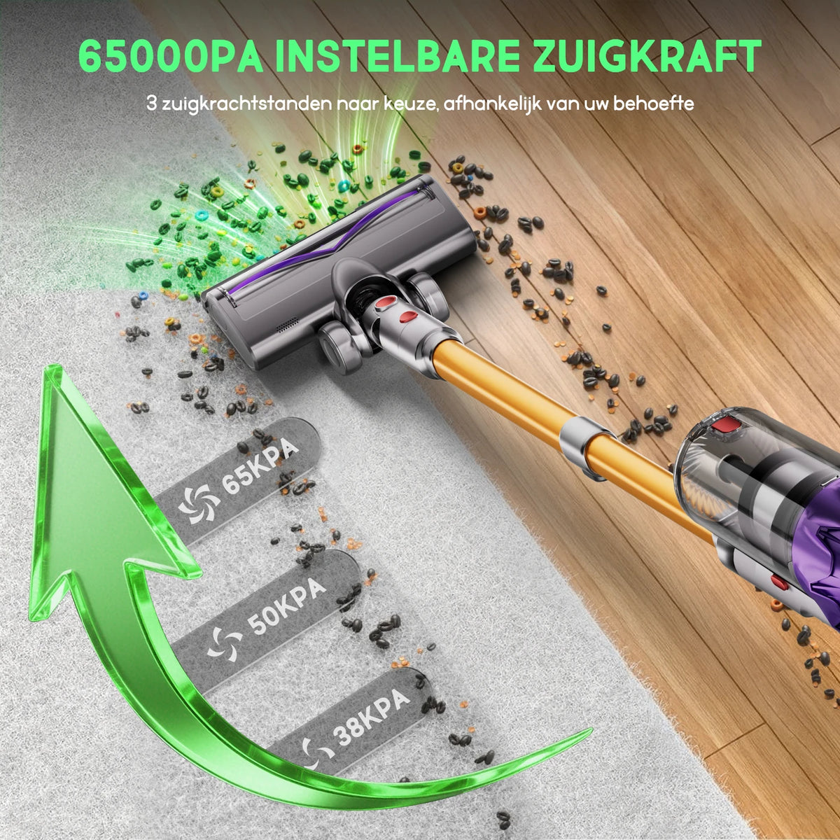 Aspirateur balai sans fil Daynee 65 kPa - Jusqu'à 70 minutes d'autonomie - Brosse anti-bouloches avec LED - Idéal pour les poils d'animaux - Or