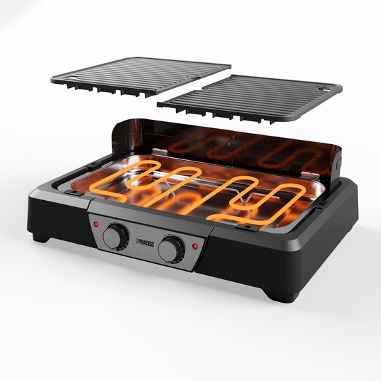 Princess BBQ Table Grill 112254 - Noir - Thermostat réglable - BBQ de table - Appareil pour grillades - Grande surface de cuisson - 2000W