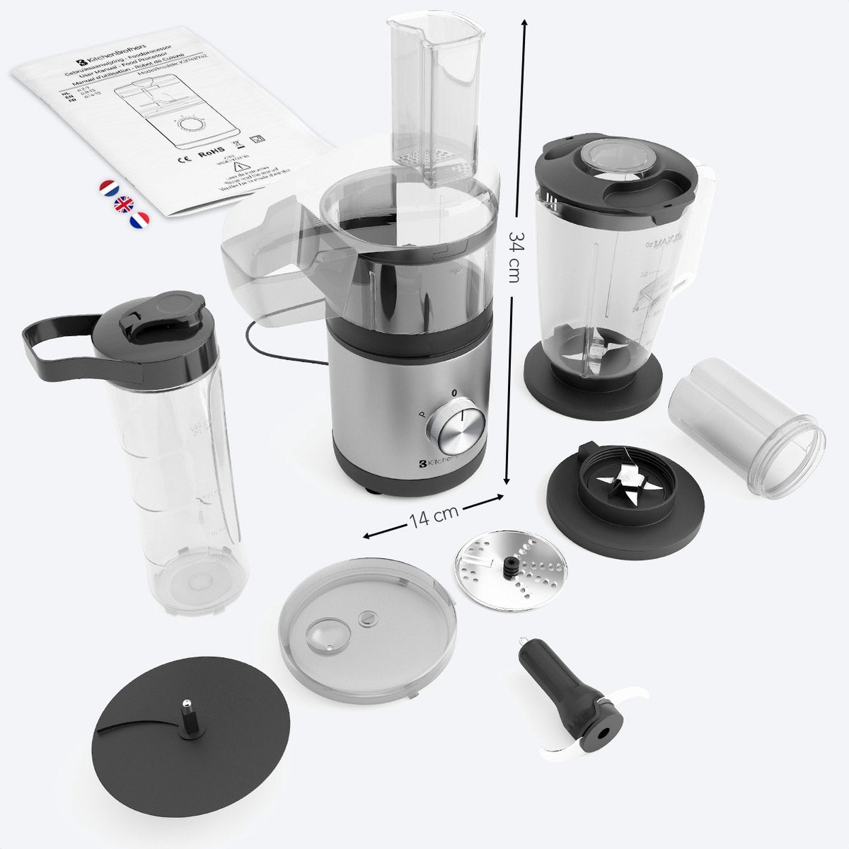 KitchenBrothers Robot ménager - 5 en 1 - 20 x 14 x 34 cm- acier inoxydable